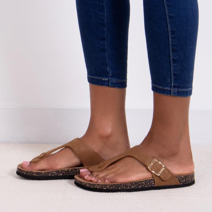 totes® Ladies PU Buckle Toe Post Tan